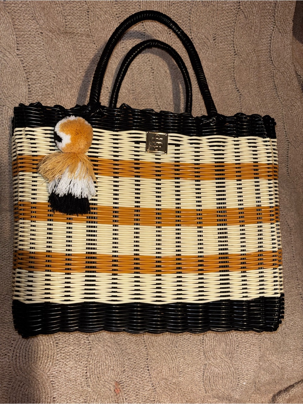 Striped Woven Basket Tote Bag Black Cream Tan Pom Tassel Charm